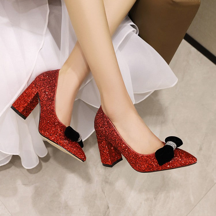 Women's Pumps Bling Bling Sequins Pointed Toe Butterfly Knot Chunky Heel Wedding Shoes