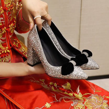 Women's Pumps Bling Bling Sequins Pointed Toe Butterfly Knot Chunky Heel Wedding Shoes