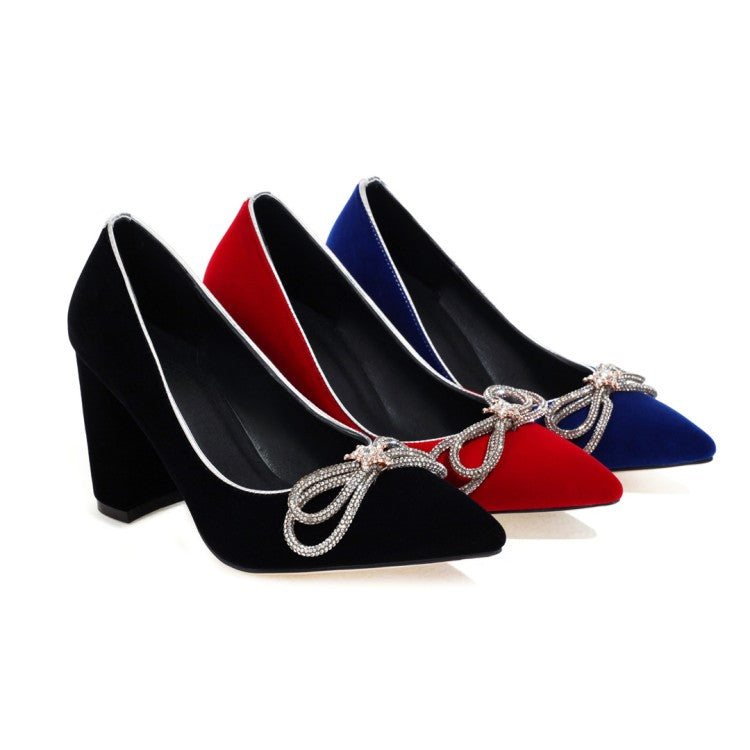 Women's Pumps Suede Pointed Toe Rhinestone Butterfly Knot Chunky Heel Wedding Shoes