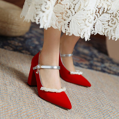 Women's Pumps Pointed Toe Pearls Beading Ankle Strap Chunky Heel Wedding Shoes