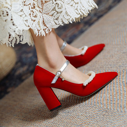 Women's Pumps Pointed Toe Pearls Beading Ankle Strap Chunky Heel Wedding Shoes