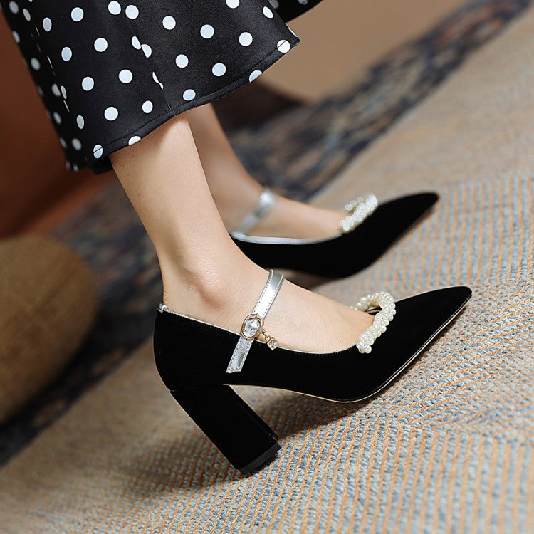 Women's Pumps Pointed Toe Pearls Beading Ankle Strap Chunky Heel Wedding Shoes