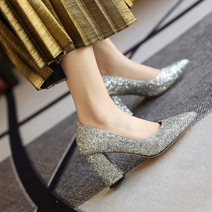 Women's Pumps Bling Bling Sequins Pointed Toe Chunky Heel Wedding Shoes