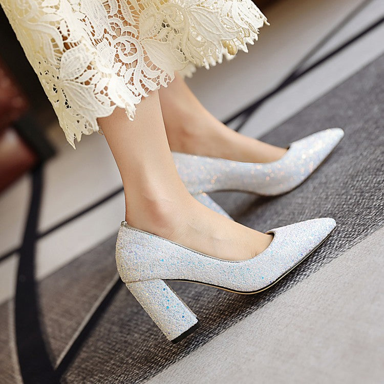 Women's Pumps Bling Bling Sequins Pointed Toe Chunky Heel Wedding Shoes