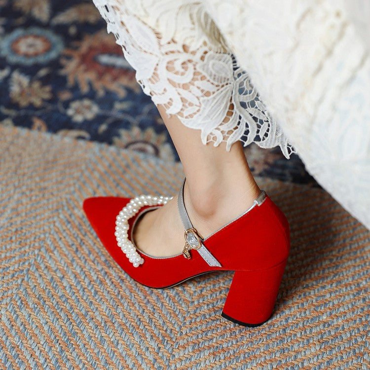 Women's Pumps Pointed Toe Pearls Beading Ankle Strap Chunky Heel Wedding Shoes