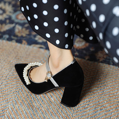 Women's Pumps Pointed Toe Pearls Beading Ankle Strap Chunky Heel Wedding Shoes