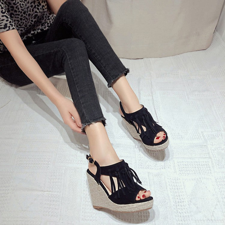 Women's Solid Color Suede Peep Toe Tassel Woven Wedge Heel Platform Sandals