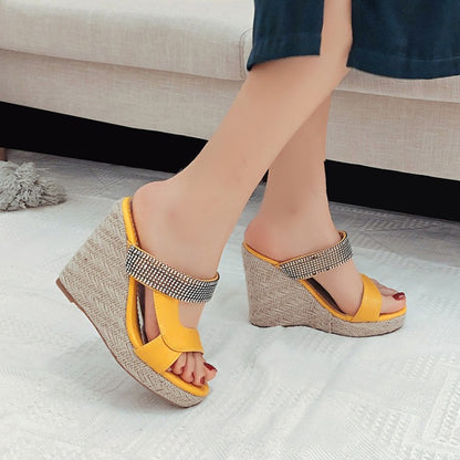 Women's Rhinestone Woven Wedge Heel Platform Sandals