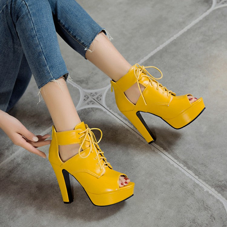 Women's Solid Color Peep Toe Strap Ankle Wrap Platform Chunky Heel Sandals