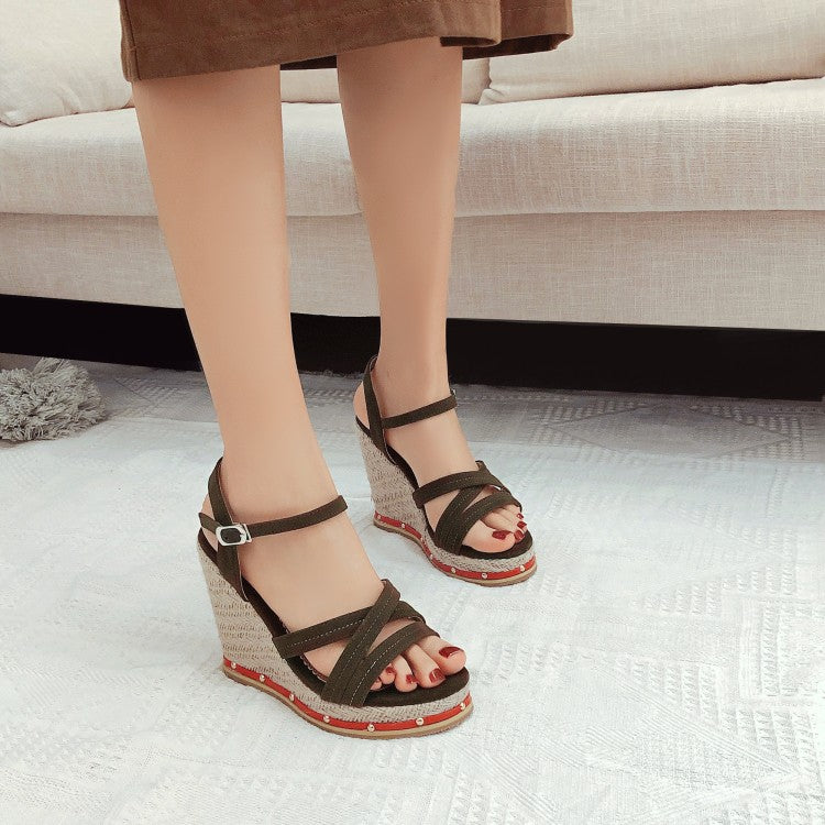 Women's Cross Strap Rivets Wedge Heel Platform Sandals