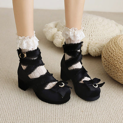 Women's Lolita Round Toe Butterfly Knot Cross Lace Strap High Heels Chunky Heel Platform Sandals