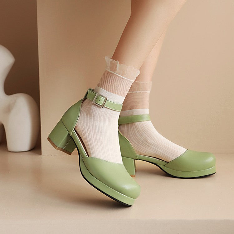 Women's Solid Color Round Toe Hollow Out Ankle Strap Low Block Heels Sandals