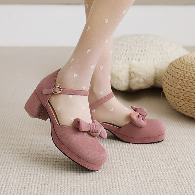 Women's Lolita Suede Butterfly Knot Hollow Out Round Toe Block Heel Low Heels Sandals