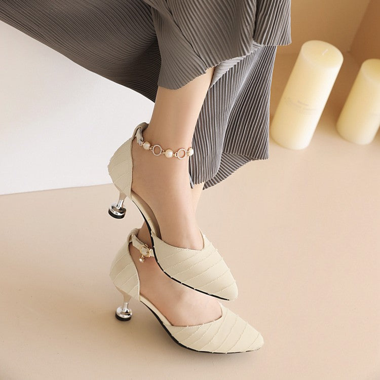 Women's Pointed Toe Hollow Out Metal Pearls Chains Ankle Strap Spool Heel Sandals