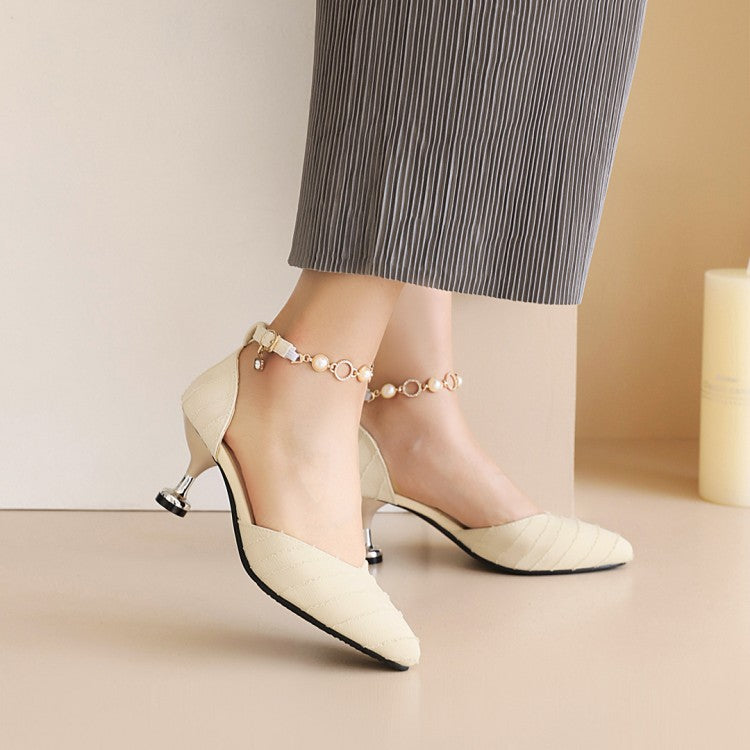 Women's Pointed Toe Hollow Out Metal Pearls Chains Ankle Strap Spool Heel Sandals