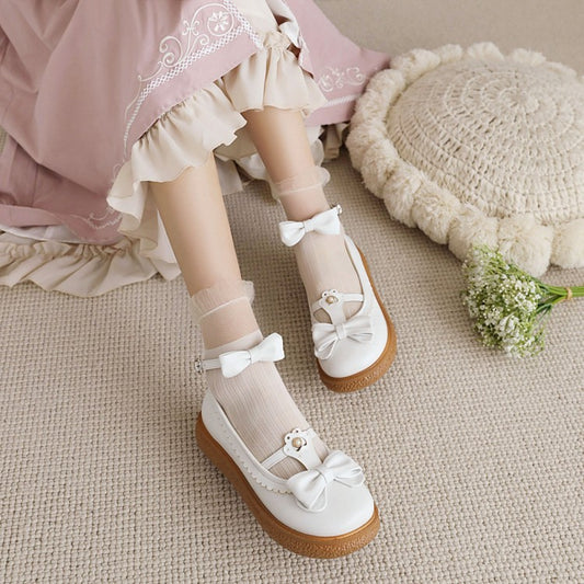 Women's Lolita Round Toe Ankle Strap Butterfly Knot Bowtie Flat Shoes