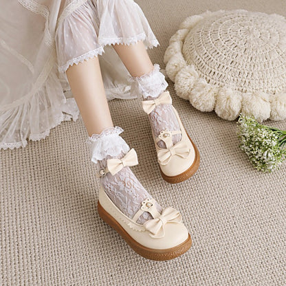 Women's Lolita Round Toe Ankle Strap Butterfly Knot Bowtie Flat Shoes