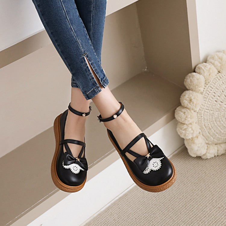 Women's Lolita Round Toe Butterfly Knot Ankle Strap Platform Flats Shoes
