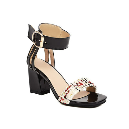 Women's Color Blocking Ankle Strap Metal Buckle Block Heel Sandals