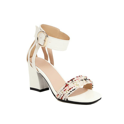 Women's Color Blocking Ankle Strap Metal Buckle Block Heel Sandals