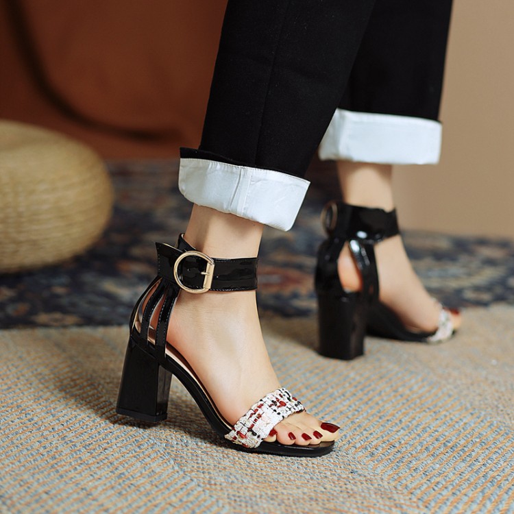 Women's Color Blocking Ankle Strap Metal Buckle Block Heel Sandals