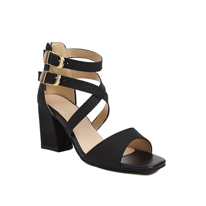 Women's Sparkling Square Toe Chunky Heel Cross Ankle Strap Buckle Sandals