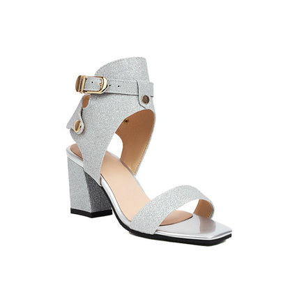 Women's Sparkling Square Toe Ankle Wrap Chunky Heel Buckle Sandals