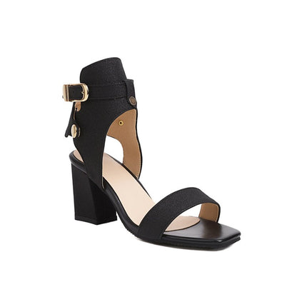 Women's Sparkling Square Toe Ankle Wrap Chunky Heel Buckle Sandals