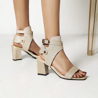 Women's Sparkling Square Toe Ankle Wrap Chunky Heel Buckle Sandals