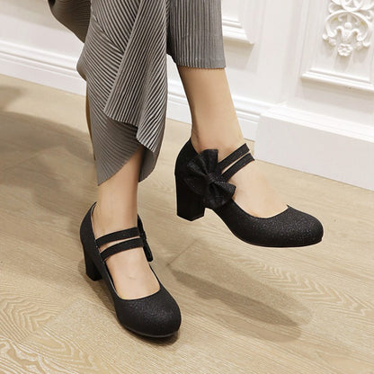 Women's Double Strap Bowtie High Heels Chunky Pumps