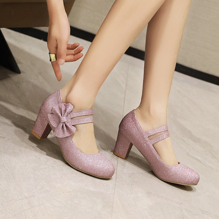 Women's Double Strap Bowtie High Heels Chunky Pumps