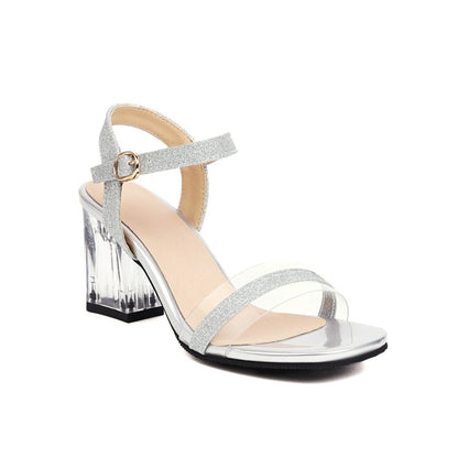 Women's Ankle Strap Buckle Transparent Crystal Chunky Heel Sandals