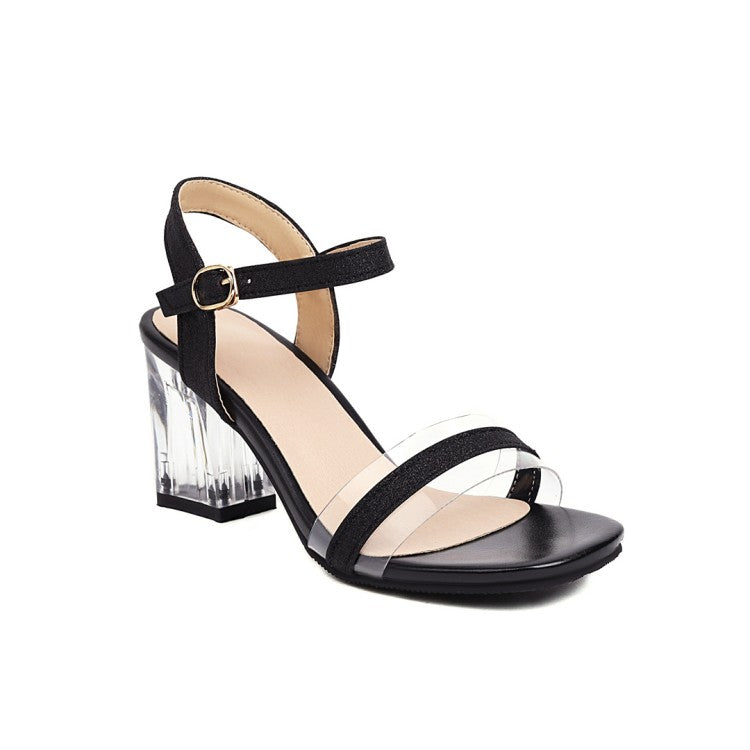 Women's Ankle Strap Buckle Transparent Crystal Chunky Heel Sandals