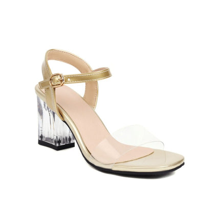 Women's Transparent Solid Color Crystal Chunky Heel Ankle Strap Sandals