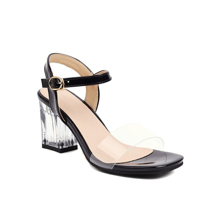 Women's Transparent Solid Color Crystal Chunky Heel Ankle Strap Sandals