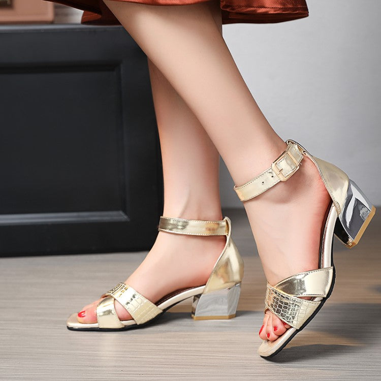 Women's Snake Print Ankle Strap Buckle Square Toe Chunky Medium Heel Sandals