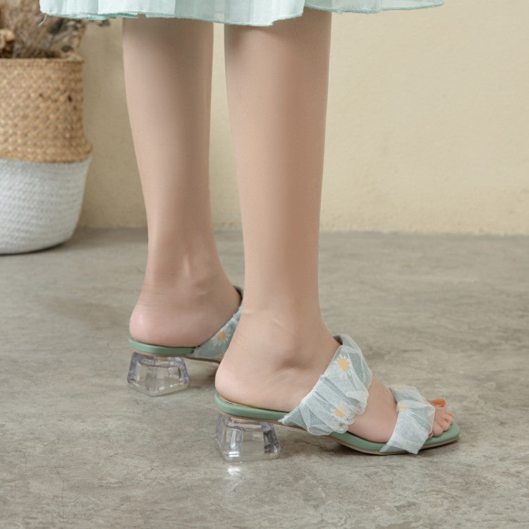 Women's Square Toe Lace Crystal Medium Heel Block Heel Slides Sandals
