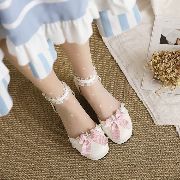 Women's Lolita Closed Toe Lace Butterfly Knot Ankle Strap Block Heel Sandals