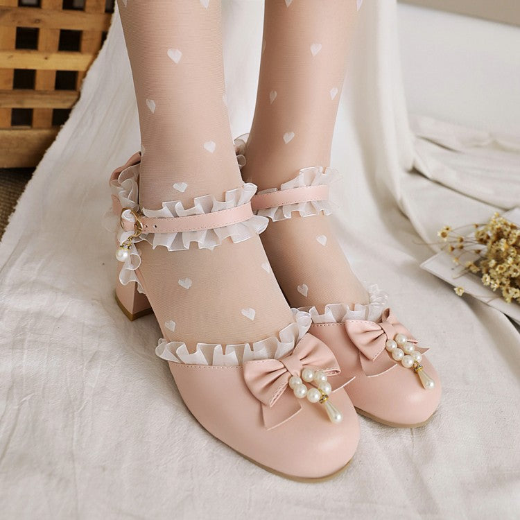 Women's Lolita Lace Butterfly Knot Pearls Chunky Heel Platform Sandals