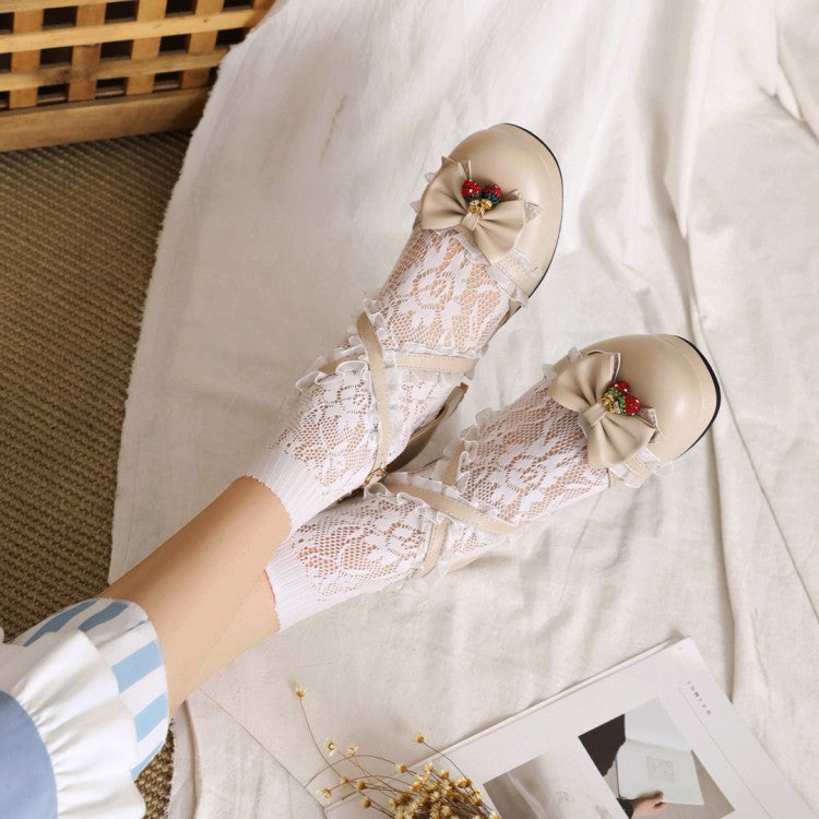 Women's Lolita Closed Toe Lace Butterfly Knot Block Heel Sandals