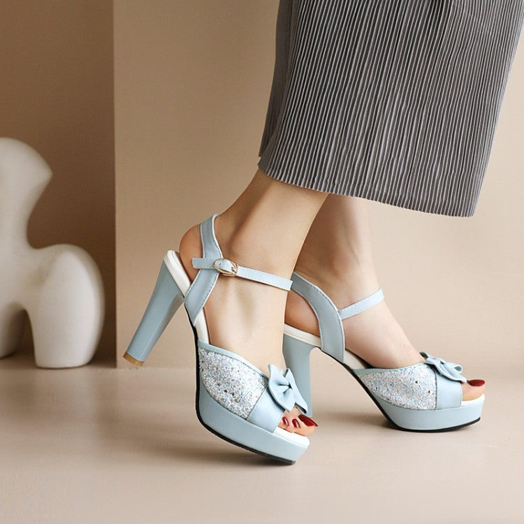 Women's Peep Toe Rhinestone Butterfly Knot High Heel Platform Sandals