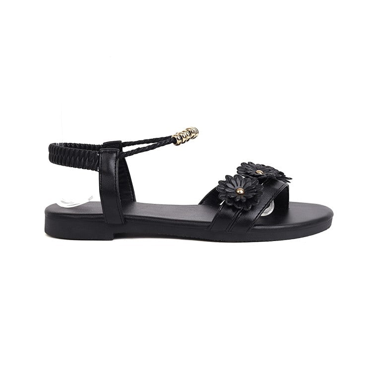 Women's Round Toe Flora Metal Decor Ankle Strap Flat Sandals