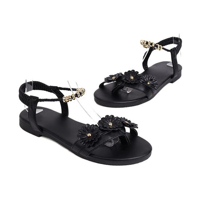 Women's Round Toe Flora Metal Decor Ankle Strap Flat Sandals