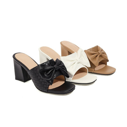 Women's Square Toe Woven Butterfly Knot Block Heel Sandals