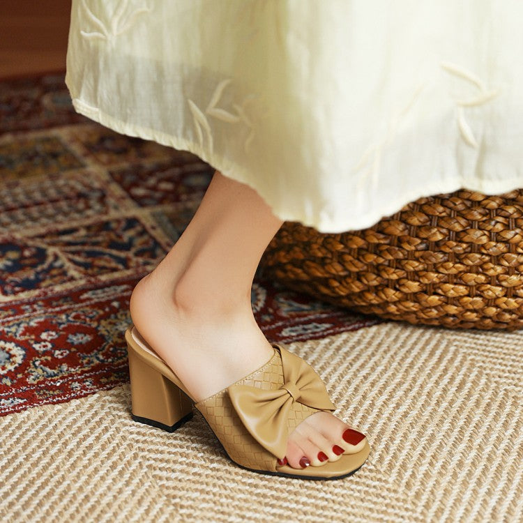 Women's Square Toe Woven Butterfly Knot Block Heel Sandals