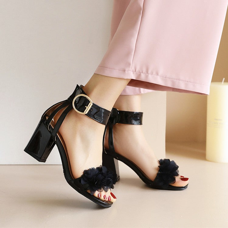 Women's Lace Flora Chunky Heel Ankle Strap Buckle Sandals