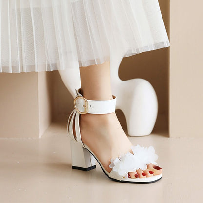 Women's Lace Flora Chunky Heel Ankle Strap Buckle Sandals