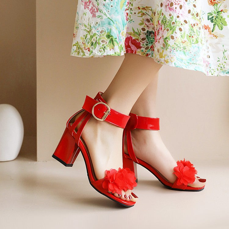 Women's Lace Flora Chunky Heel Ankle Strap Buckle Sandals