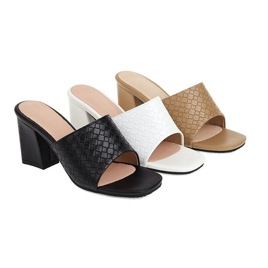 Women's Round Toe Chunky Heel Woven Solid Color Sandals