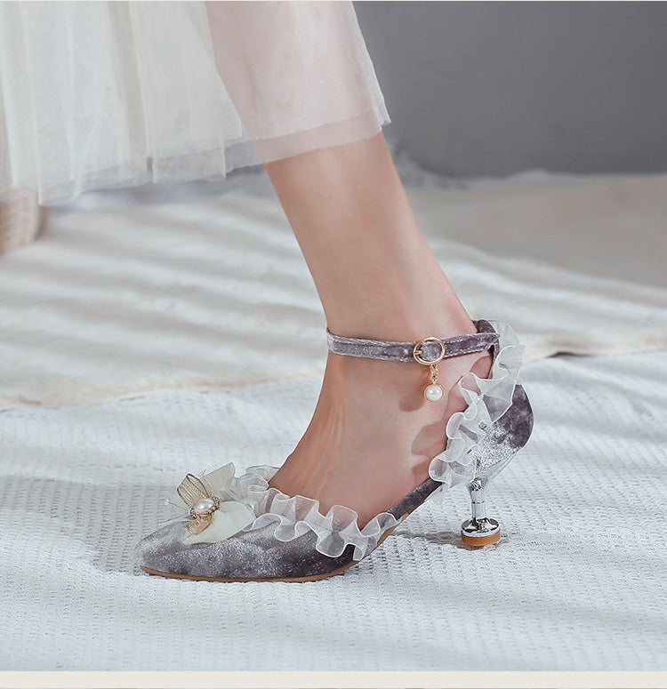 Women's's High Heels Lolita Lace Pointed Toe Butterfly Knot Pearls Stiletto Sandals